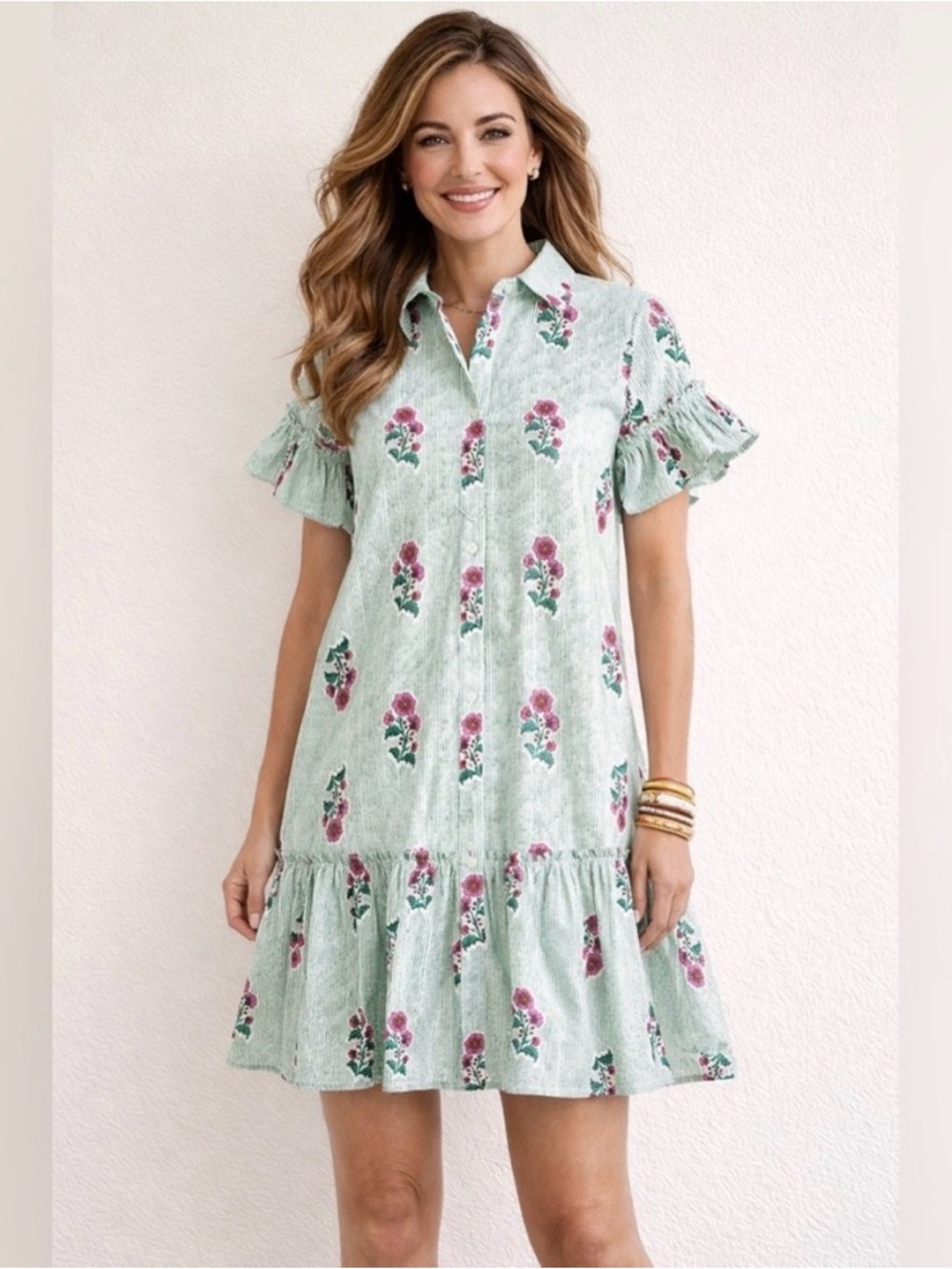 J.Crew Factory Floral Ruffle Short-Sleeve Shirt Dress, Mint w Floral Block Print
